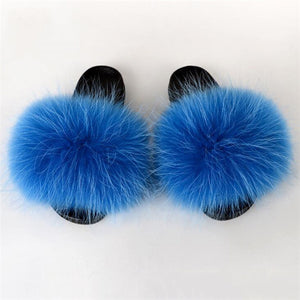 Fox Fur Slide Sandals for Women Fashion Furry Slippers Slip on Flat Beach Shoes