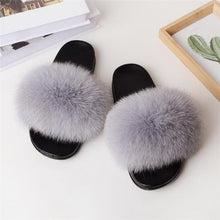 Load image into Gallery viewer, Real Fox Fur Slide Sandals for Women Flat Furry Slippers Slip on Fashion Beach Shoes