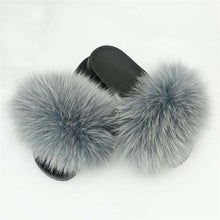 Load image into Gallery viewer, Fox Fur Slide Sandals for Women Fashion Furry Slippers Slip on Flat Beach Shoes