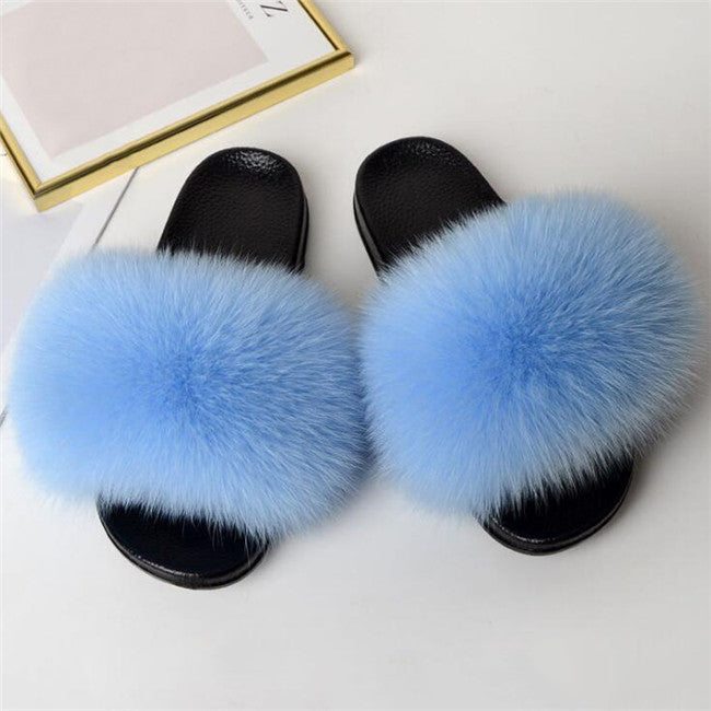 Real Fox Fur Slide Sandals for Women Flat Furry Slippers Slip on Fashion Beach Shoes