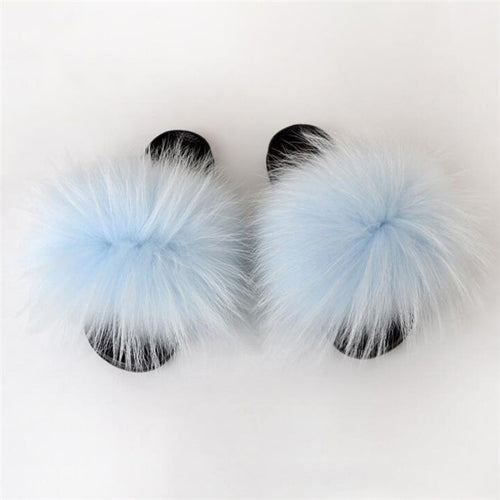 Fox Fur Slide Sandals for Women Fashion Furry Slippers Slip on Flat Beach Shoes