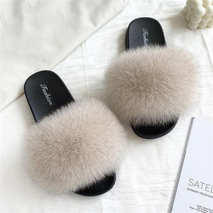 Real Fox Fur Slide Sandals for Women Fashion Furry Slippers Slip on Beach Shoes