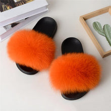 Load image into Gallery viewer, Real Fox Fur Slide Sandals for Women Flat Furry Slippers Slip on Fashion Beach Shoes