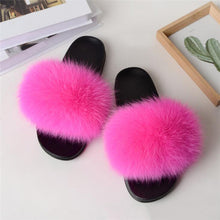 Load image into Gallery viewer, Real Fox Fur Slide Sandals for Women Flat Furry Slippers Slip on Fashion Beach Shoes