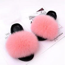 Load image into Gallery viewer, Real Fox Fur Slide Sandals for Women Fashion Furry Slippers Slip on Beach Shoes