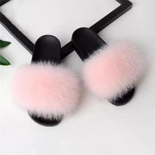 Load image into Gallery viewer, Real Fox Fur Slide Sandals for Women Flat Furry Slippers Slip on Fashion Beach Shoes