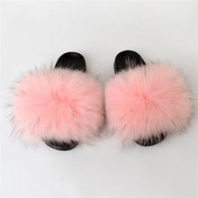 Load image into Gallery viewer, Fox Fur Slide Sandals for Women Fashion Furry Slippers Slip on Flat Beach Shoes