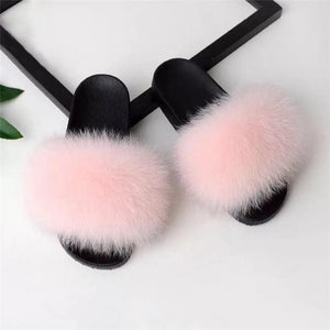 Real Fox Fur Slide Sandals for Women Flat Furry Slippers Slip on Fashion Beach Shoes