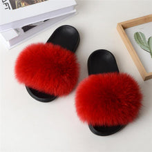 Load image into Gallery viewer, Real Fox Fur Slide Sandals for Women Flat Furry Slippers Slip on Fashion Beach Shoes