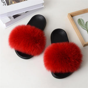 Real Fox Fur Slide Sandals for Women Flat Furry Slippers Slip on Fashion Beach Shoes