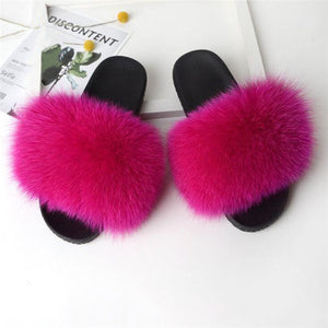 Real Fox Fur Slide Sandals for Women Fashion Furry Slippers Slip on Beach Shoes
