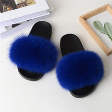 Load image into Gallery viewer, Real Fox Fur Slide Sandals for Women Flat Furry Slippers Slip on Fashion Beach Shoes