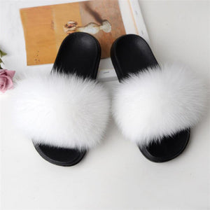 Real Fox Fur Slide Sandals for Women Flat Furry Slippers Slip on Fashion Beach Shoes