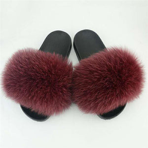Fox Fur Slide Sandals for Women Fashion Furry Slippers Slip on Flat Beach Shoes
