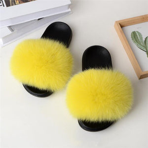 Real Fox Fur Slide Sandals for Women Flat Furry Slippers Slip on Fashion Beach Shoes