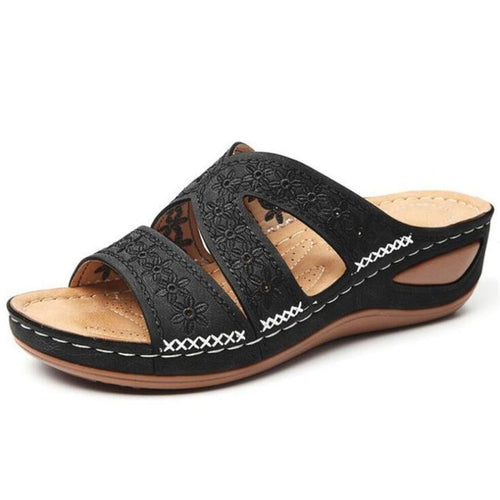 Women Wedge Slide Sandals Flower Embroidered Peep Toe Platform Slippers